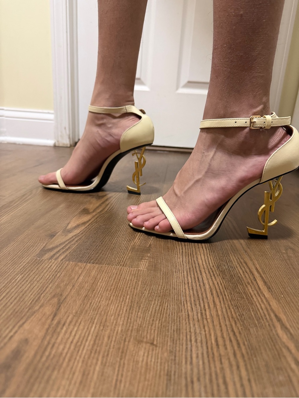 Saint Laurent Pale Yellow Leather Open-Toe Heels